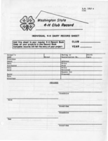 Washington state 4-H club record: Individual 4-H dairy record sheet