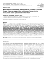 Modules of co-regulated metabolites in turmeric (Curcuma longa) rhizome suggest the existence of biosynthetic modules in plant specialized metabolism
