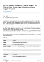 Bennet Announces $425,000 Federal Grant for Adams State University's College Assistance Migrant Program